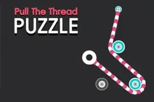 Text Pull The Thread PUZZLE na černém pozadí s růžovo-bílou pruhovanou linkou prohnutou mezi kruhy