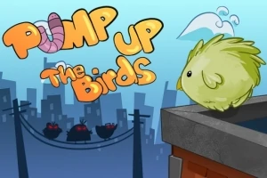 Zelený pták sedí na střeše s nápisem Pump Up the Birds na modrém pozadí města
