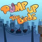Zelený pták sedí na střeše s nápisem Pump Up the Birds na modrém pozadí města