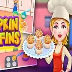 Kuchařka v čelence drží talíř s dýňovými muffiny, na pozadí jsou kuchyňské scény s muffiny a nápis Pumpkin Muffins