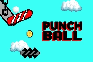 Pixlová grafika s textem PUNCH BALL, mincí, mraky a červenými a černými plošinami na modrém pozadí