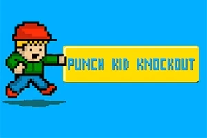 Pixelová postava dítěte v červené čepici s nataženou rukou a nápisem Punch Kid Knockout na modrém pozadí