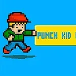 Pixelová postava dítěte v červené čepici s nataženou rukou a nápisem Punch Kid Knockout na modrém pozadí