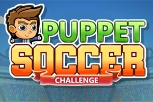Kreslená postavička s hnědými vlasy vedle nápisu Puppet Soccer Challenge na pozadí fotbalového stadionu