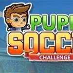 Kreslená postavička s hnědými vlasy vedle nápisu Puppet Soccer Challenge na pozadí fotbalového stadionu
