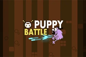 Fialový kreslený pes s černým kloboukem vystřeluje modré projektily na hnědém pruhovaném pozadí s textem Puppy Battle