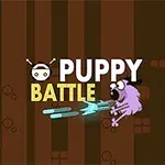 Fialový kreslený pes s černým kloboukem vystřeluje modré projektily na hnědém pruhovaném pozadí s textem Puppy Battle