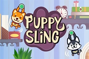 Roztomilí kreslení psi visící na kruzích s textem Puppy Sling uprostřed, v pozadí police s knihami a hodinami