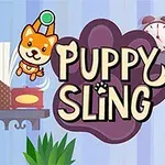 Roztomilí kreslení psi visící na kruzích s textem Puppy Sling uprostřed, v pozadí police s knihami a hodinami