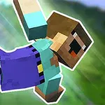 Postava v pixelové grafice ve fialových kalhotách a světle modré košili letící po zeleném pozadí