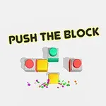 Barevné kostky a kruhy na světle šedém pozadí s nápisem PUSH THE BLOCK