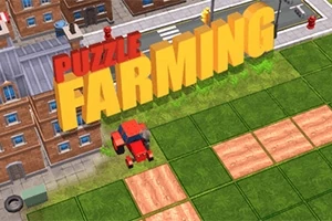 Nápis Puzzle Farming nad pohledem na město s farmářskými poli a červeným traktorem