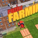 Nápis Puzzle Farming nad pohledem na město s farmářskými poli a červeným traktorem