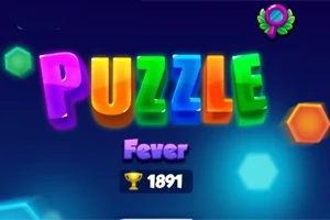 Barevný nápis PUZZLE s nápisem Fever pod ním a ikonou trofeje s číslem 1891 na tmavě modrém pozadí s hexagonálními tvary