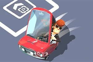 Muž s brýlemi řídí červené auto na parkovišti