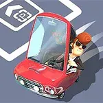 Muž s brýlemi řídí červené auto na parkovišti