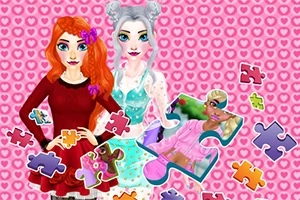 Dvě stylizované postavy s barevnými vlasy stojí na růžovém pozadí se srdíčky, obklopené dílky puzzle