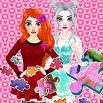 Dvě stylizované postavy s barevnými vlasy stojí na růžovém pozadí se srdíčky, obklopené dílky puzzle