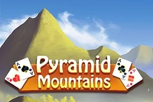 Horské pozadí s nápisem Pyramid Mountains obklopeným dvěma kartami, esy v černé a červené barvě