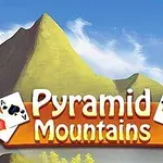 Horské pozadí s nápisem Pyramid Mountains obklopeným dvěma kartami, esy v černé a červené barvě