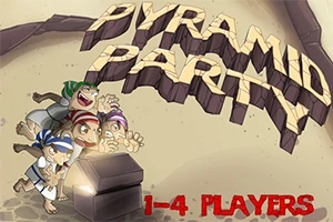 Čtyři kreslené postavy s výraznými čelenkami otevírají záhadnou truhlu, nad kterou je nápis PYRAMID PARTY a v dolní části 1-4 PLAYERS