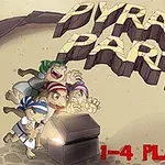 Čtyři kreslené postavy s výraznými čelenkami otevírají záhadnou truhlu, nad kterou je nápis PYRAMID PARTY a v dolní části 1-4 PLAYERS