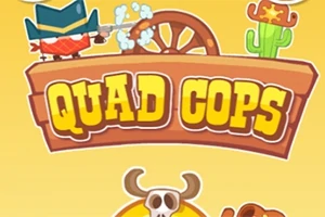Kreslený kovboj střílející pistoli vedle nápisu Quad Cops s kolem vozu, kaktusem a kloboukem na žlutém pozadí
