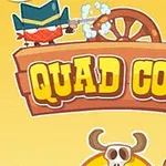 Kreslený kovboj střílející pistoli vedle nápisu Quad Cops s kolem vozu, kaktusem a kloboukem na žlutém pozadí