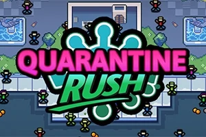 Barevná pixlovaná grafika s nápisem Quarantine Rush uprostřed a postavičkami rozmístěnými po celé herní mapě