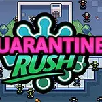 Barevná pixlovaná grafika s nápisem Quarantine Rush uprostřed a postavičkami rozmístěnými po celé herní mapě