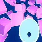 Růžové a fialové 3D krychle levitující na modrém pozadí s centrálním kruhovým objektem