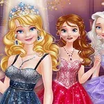 Čtyři kreslené princezny v elegantních večerních šatech s třpytivými detaily