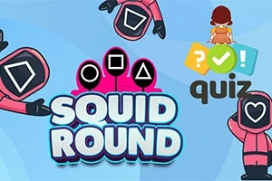 Růžové postavy s geometrickými tvary na přilbách, nápis Squid Round a barevné symboly otázek a odpovědí na modrém pozadí