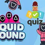 Růžové postavy s geometrickými tvary na přilbách, nápis Squid Round a barevné symboly otázek a odpovědí na modrém pozadí