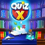Otevřená kniha a alchymistická baňka na stole před policí plnou barevných knih s nápisem Quiz X nad nimi
