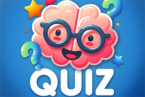 Veselý kreslený mozek s brýlemi nad nápisem QUIZ, obklopený otazníky a hvězdičkami na modrém pozadí
