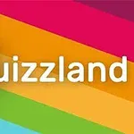 Nápis Quizland na pozadí s barevnými pruhy