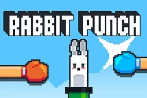 Pixelová ilustrace s nápisem RABBIT PUNCH, bílý pixelový králík uprostřed a dvě rukavice, červená a modrá, po stranách na modrém pozadí
