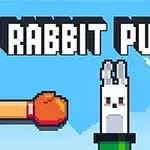 Pixelová ilustrace s nápisem RABBIT PUNCH, bílý pixelový králík uprostřed a dvě rukavice, červená a modrá, po stranách na modrém pozadí