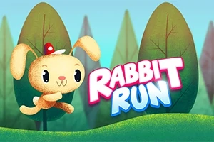 Kreslený králíček s červenou čepičkou skáče přes trávu před lesním pozadím s nápisem Rabbit Run