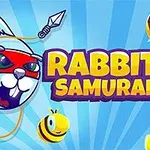 Kreslený králík s červenou maskou, obklopený třemi včelkami na modrém pozadí s nápisem RABBIT SAMURAI 2
