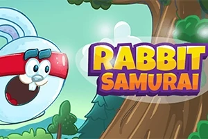 Kreslený králík s bambusem na čele vedle stromu s nápisem Rabbit Samurai na světle modrém pozadí