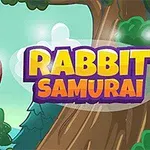 Kreslený králík s bambusem na čele vedle stromu s nápisem Rabbit Samurai na světle modrém pozadí