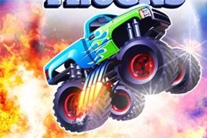Modrý monster truck s velkými koly skáče před ohnivým pozadím