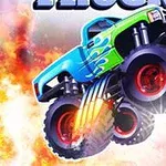 Modrý monster truck s velkými koly skáče před ohnivým pozadím