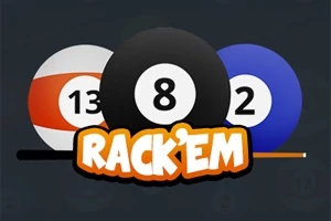 Tři kulečníkové koule s čísly 13, 8 a 2 a textem „RackEm“ na tmavém pozadí
