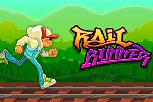Chlapec v bílém svetru s kapucí a červenou kšiltovkou běží po kolejích, vedle něj je nápis Rail Runner v grafitovém stylu