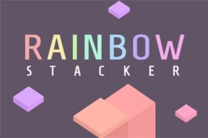 Barevný nápis Rainbow Stacker s plovoucími barevnými kostkami na tmavém pozadí