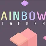Barevný nápis Rainbow Stacker s plovoucími barevnými kostkami na tmavém pozadí