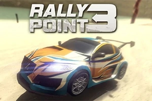 Barevné závodní auto se spoilerem jede po písečné cestě s nápisem Rally Point 3 nahoře